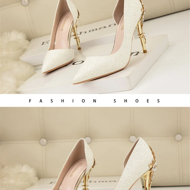 Light Luxury Sexy Women Dress Shoes 2025 Autumn Metal Flower Fashion High Heel Wedding White Pointed Sequins Shiny Female Pumps