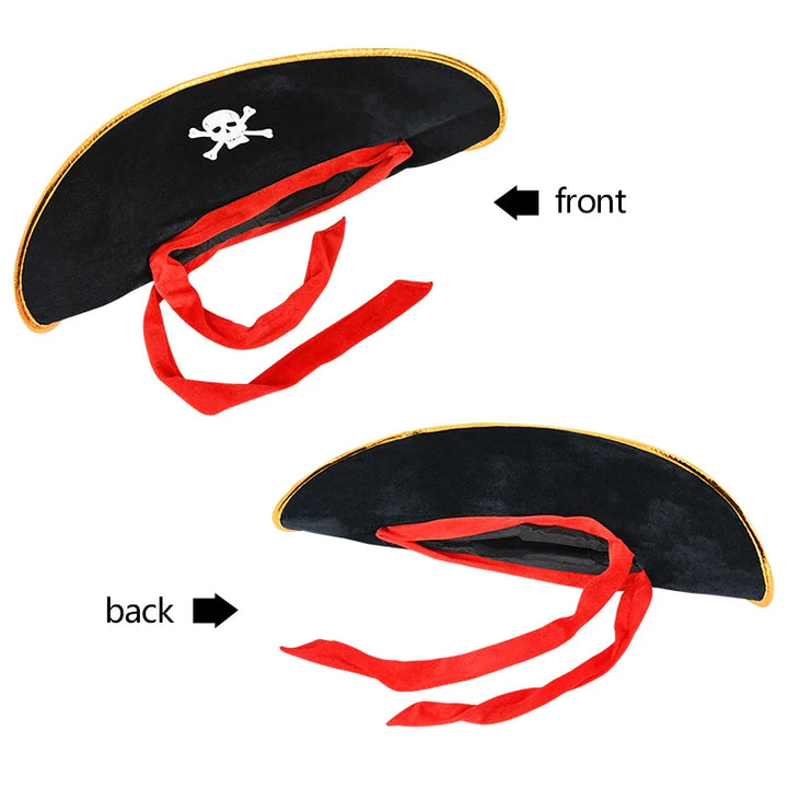 Black Pirate Hat Pirate Captain Cosplay Costume Props Print Skull Cap Dress Up Halloween Masquerade Party Decoration Kids Hat