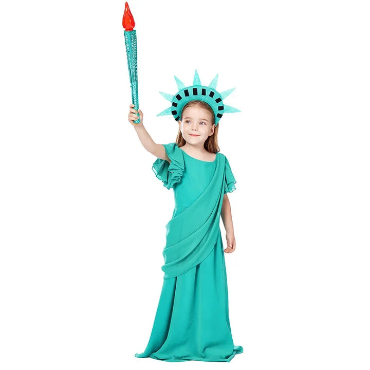 Halloween Carnival Costume Adult and Kids Girls Green Chiffon Party Dress World Statue of Liberty Cosplay Greek Goddess Costume
