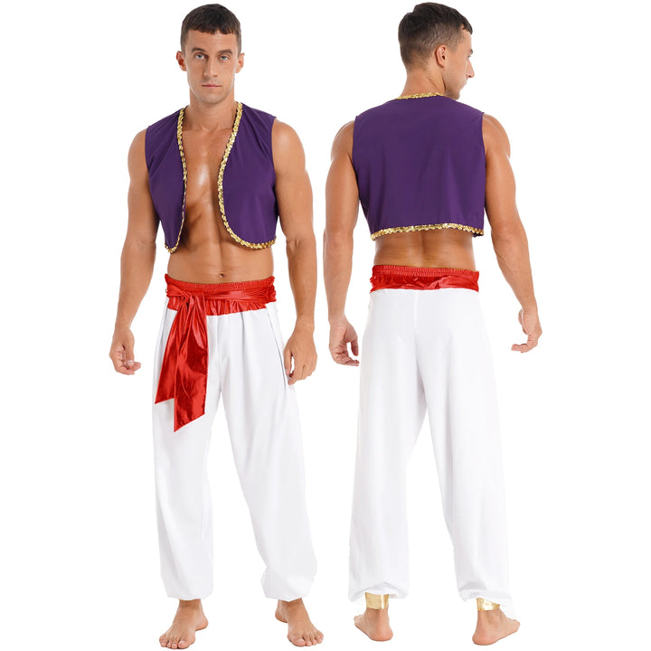 Mens Halloween Costume Mythical Arabian Prince Carnival Cosplay Party Outfit Sequin Trim Waistcoat with Belted Pants