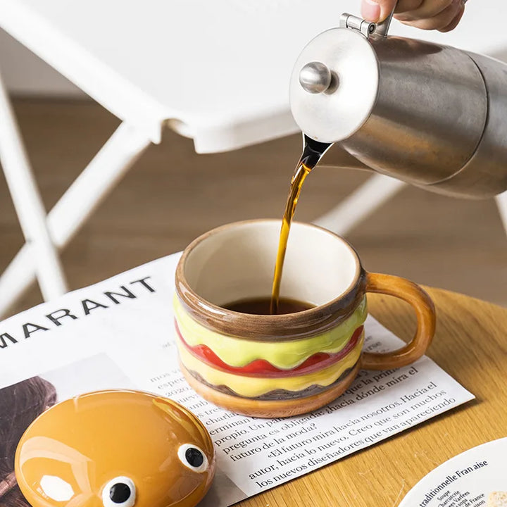 300ML Coffee Mugs Creative Hamburger Shaped Water Cup with Lid Cute and Cute Breakfast Cup Large Capacity Ceramic Hamburger Mug