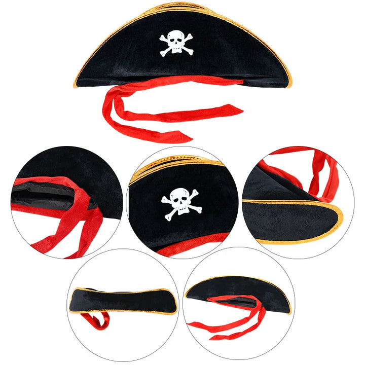 Black Pirate Hat Pirate Captain Cosplay Costume Props Print Skull Cap Dress Up Halloween Masquerade Party Decoration Kids Hat