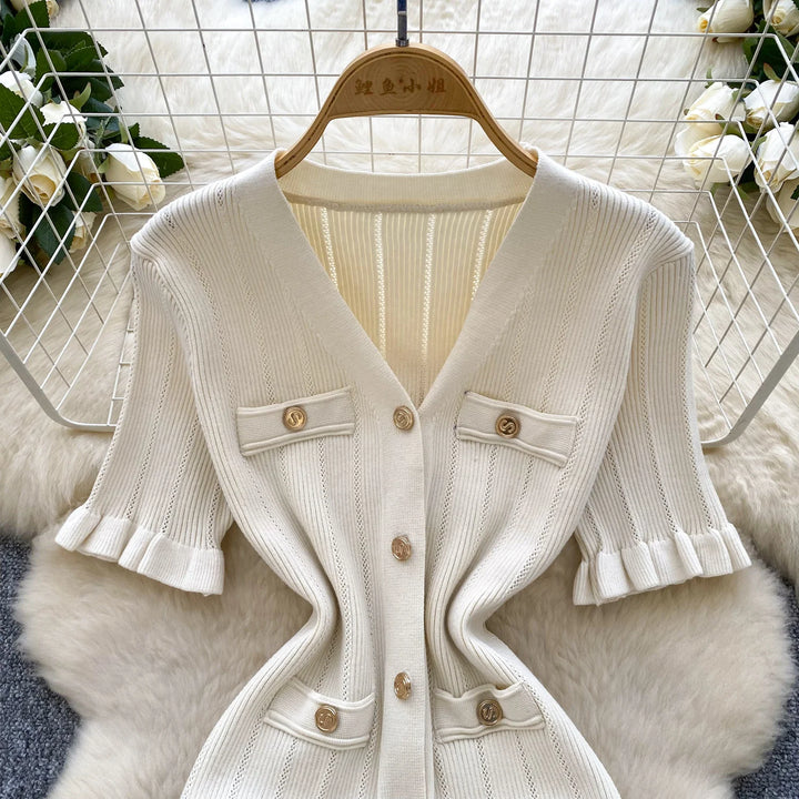 Vintage Single Breasted Women's Knitted Long Dress High Waist Short Sleeve Ruffles Straight Dress