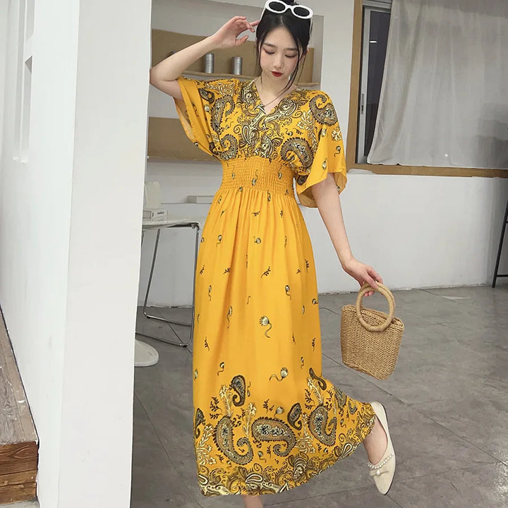 V-neck Large Skirt Hem Casual Sweet Long Dress Bat Sleeves Elastic Waist Bohemian Print Floral Elegant .