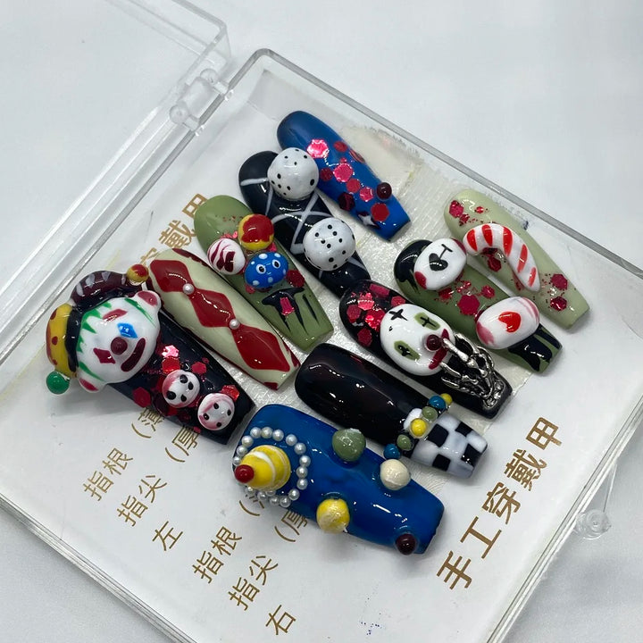 High-Quality Handmade 3D Art Press On Nails Halloween Theme Horror Clown Coffin Shape Spicy Girl Style Detachable Wear Fake Nail