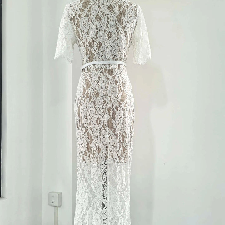 Luxury Crystal White Lace Embroidery Pencil Dress Elegant Short Sleeve Single Breasted Midi Dress.
