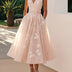 Stylish  Printed Dress Elegant V-neck Mesh Sleeveless Waist Cinched Bow Long and Formal Dress.