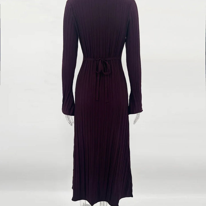Tossy Knitwear Fashion Loose Maxi Dress Lace-Up High Waist Ribbed Long Sleeve Party