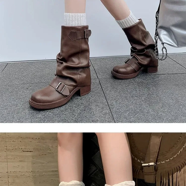 Pleated Buckle Knight Boots for Women Autumn Brown PU Leather Mid Calf Boots Woman Slip-On Thick Heel Riding Botas Mujer 2024