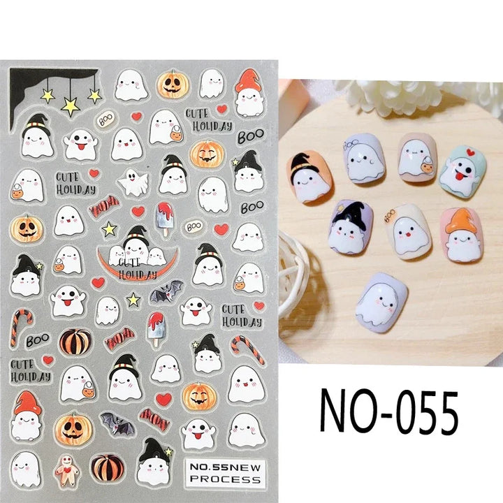 Halloween Nail Art Stickers Cute Halloween Nail Decals Self-Adhesive Ghost Pumpkin Bat Cat Skull Holiday Designs Nail Supplies