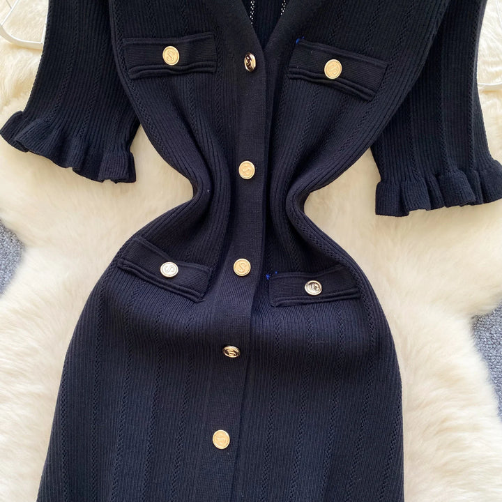 Vintage Single Breasted Women's Knitted Long Dress High Waist Short Sleeve Ruffles Straight Dress