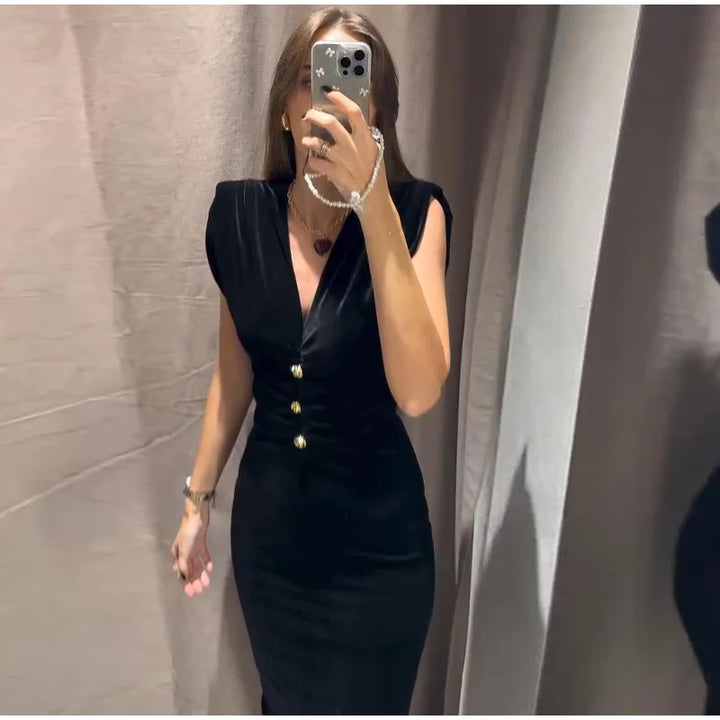 Elegant Velvet Long Dress Women V Neck Sleeveless High Waist Shoulder Pad Dress.