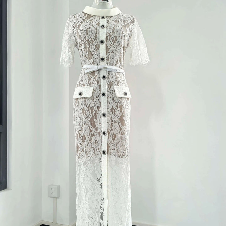 Luxury Crystal White Lace Embroidery Pencil Dress Elegant Short Sleeve Single Breasted Midi Dress.