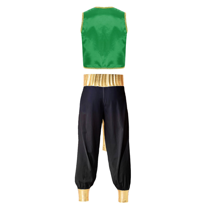 Mens Halloween Costume Mythical Arabian Prince Carnival Cosplay Party Outfit Sequin Trim Waistcoat with Belted Pants