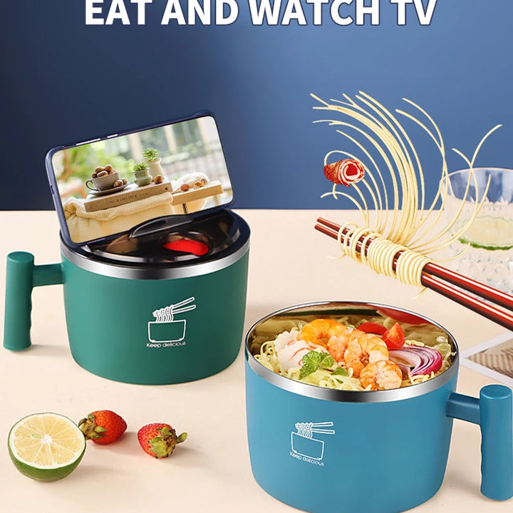 Stainless Steel Bowl With Lid For Instant Noodles Sealed And Portable Drain Bowl For Kitchen Utensils Instant Noodle Partner