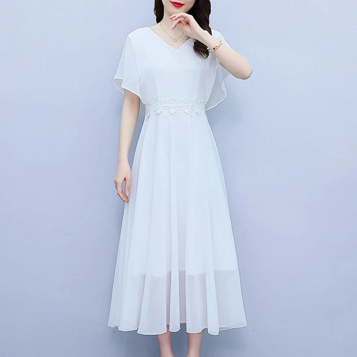 Long Elegant Dress White Chiffon /Black Butterfly Sleeve  Women Bodycon Chic Prom Night Dress