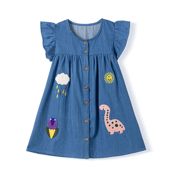 Little maven Children's Clothing Baby Girls New Cotton Embroidered Cartoon Dinosaurs Denim Dresses