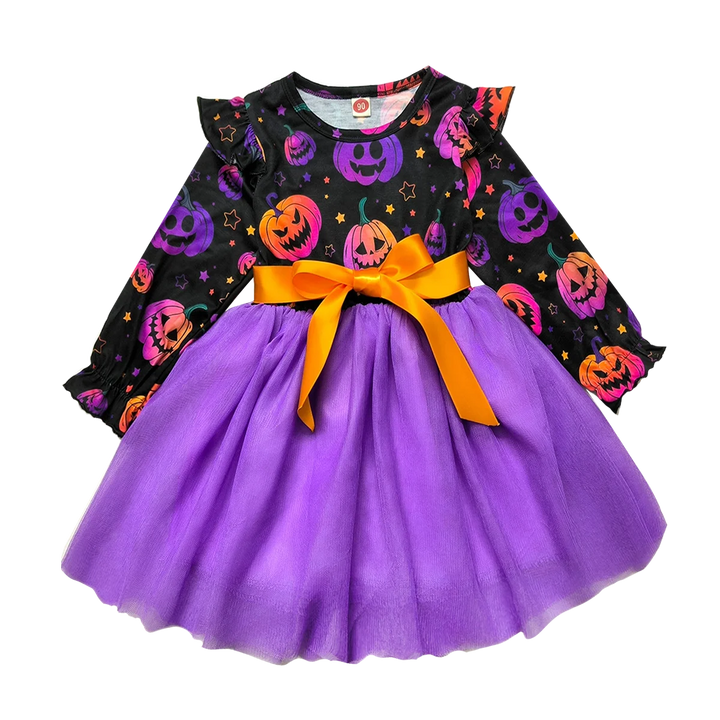 Children Halloween Clothes Girl Dresses Pumpkin Ghost Face Pattern Long Sleeved Girls Party Dresses 2-8Y Halloween Costume