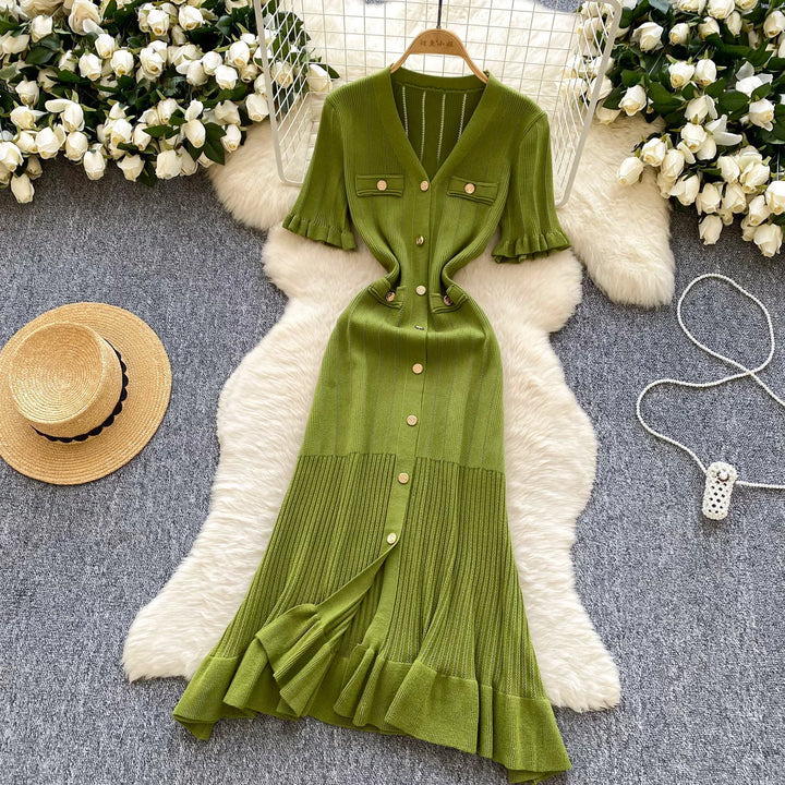 Vintage Single Breasted Women's Knitted Long Dress High Waist Short Sleeve Ruffles Straight Dress