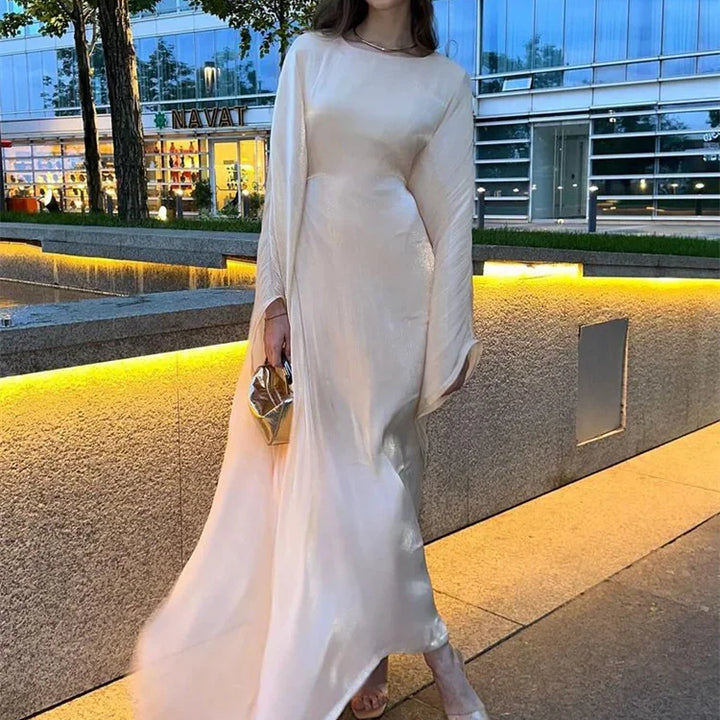 Tossy Autumn Loose Shiny Maxi Dress Butterfly Batwing Long Sleeve Muslim Clothes Party Solid Female Long Dress New