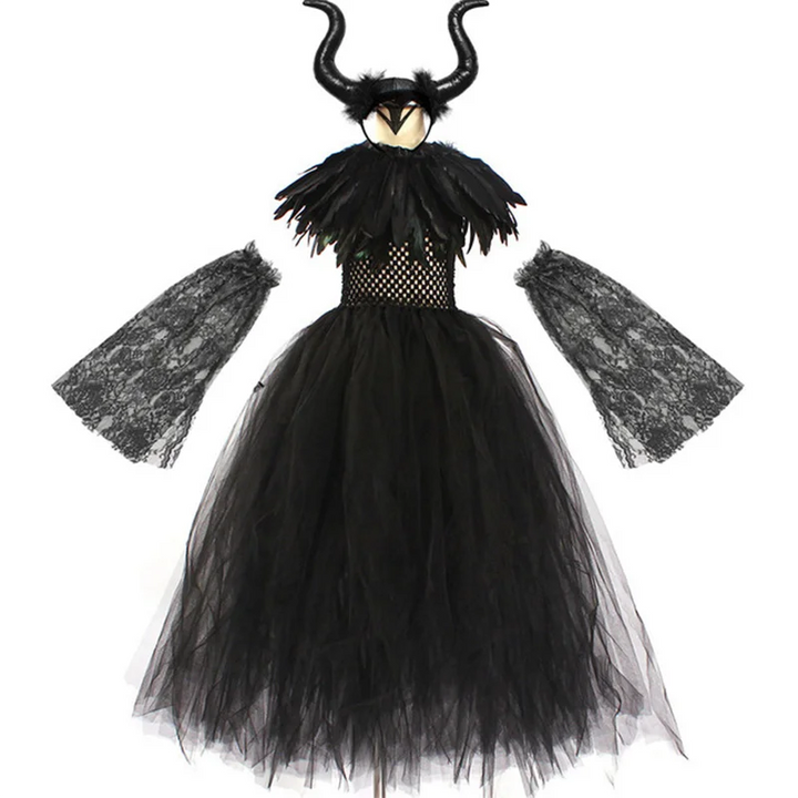 Girls Maleficent Costume – Evil Queen Black Tulle Dress Witch & Devil Princess Cosplay Outfit for Halloween Parties. ✨ Includes: Black tulle dress
🎃 Occasions: Halloween, cosplay, themed parties
👑 Style: Witch, devil, or Maleficent-inspired princess