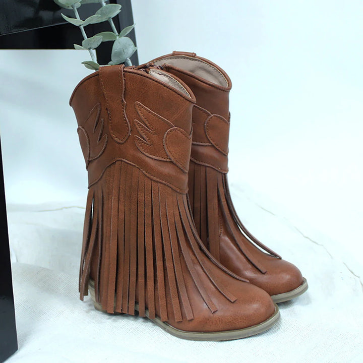 Kids Vintage Western Cowgirls Boots Leather Tassel Princess Low Heeled Knee Boots Cowboys Winter Dress Shoes New Years Christmas