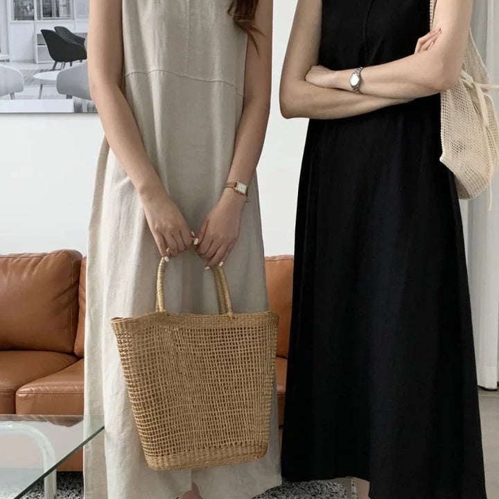 Cotton Linen Women Tank Dress Solid Sleeveless O-neck Casual Loose Straight Long .