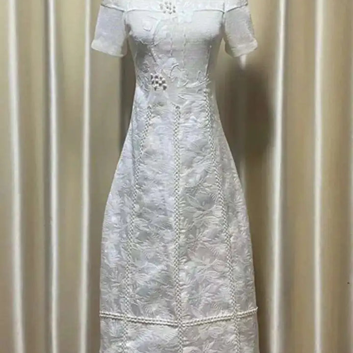 Elegant Long Dress Fairy Style Embroidered Flower Waist O Neck Short Sleeve Fashion Dress