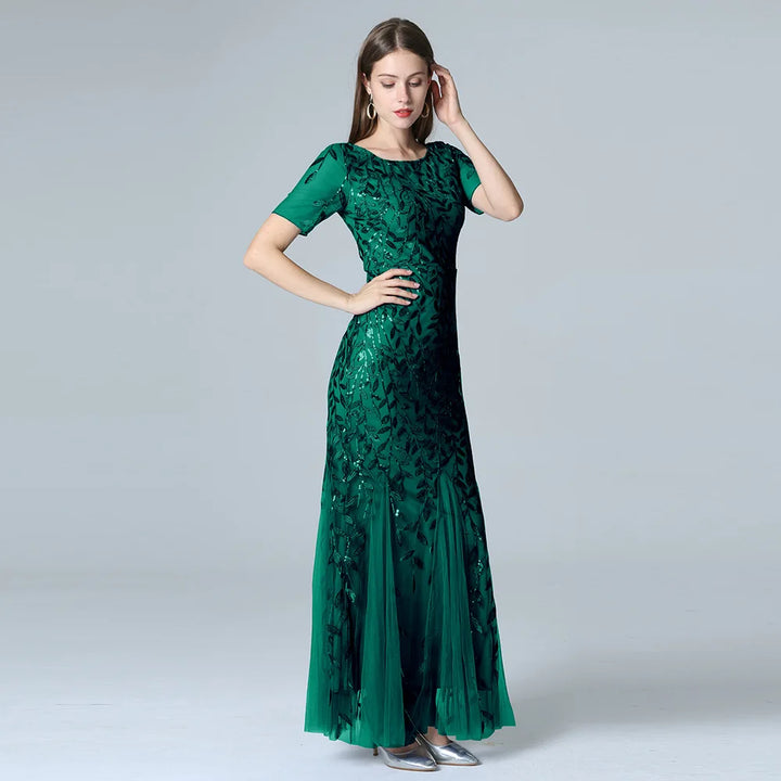 Gorgeous Round Neck Short Sleeves Sequined Mermaid Evening Dress