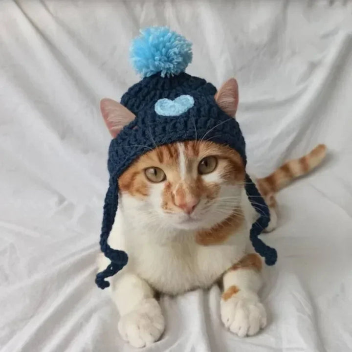 Cute Crochet Pet Hat with Wool Ball - Soft Yarn Cat Dog Costume, Birthday Photo Prop, Warm Winter Hat for Puppy Kitten