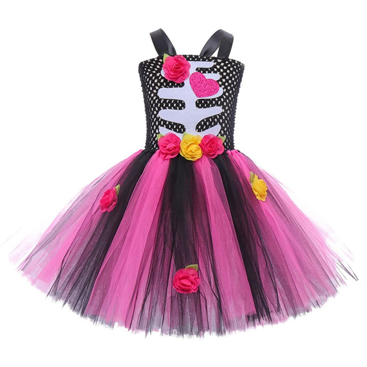 Halloween Kids Dress Cosplay Heart Print Skeleton Costumes Girls Floral Skull Tutu Clothes Children Carnival Performance Outfits