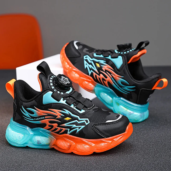 Kids Sneakers Anti-skid Leather for Boys Running Walking Lightweight Orange Casual Children Shoes With Fashion Dragon Pattern