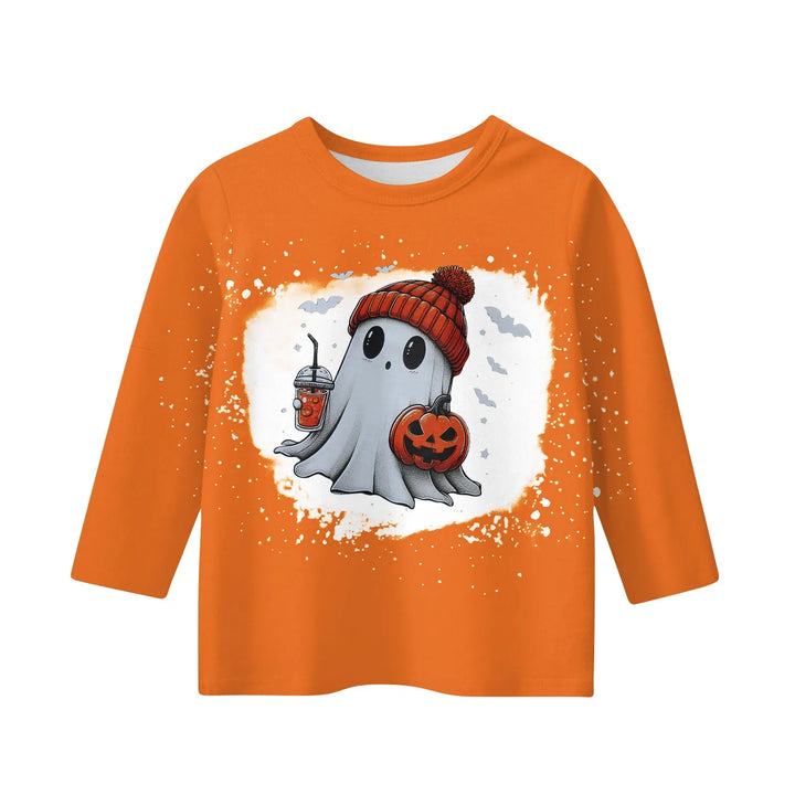 New Halloween Theme Cute Girl Printed T-shirt High Quality Three-quarter Sleeve Round Neck Tops Children Festival Birthday Gift