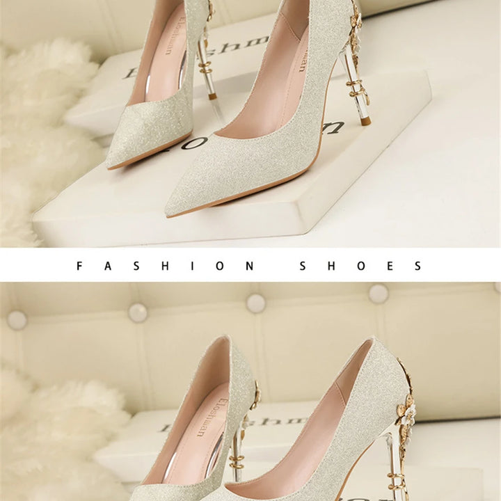 Light Luxury Sexy Women Dress Shoes 2025 Autumn Metal Flower Fashion High Heel Wedding White Pointed Sequins Shiny Female Pumps