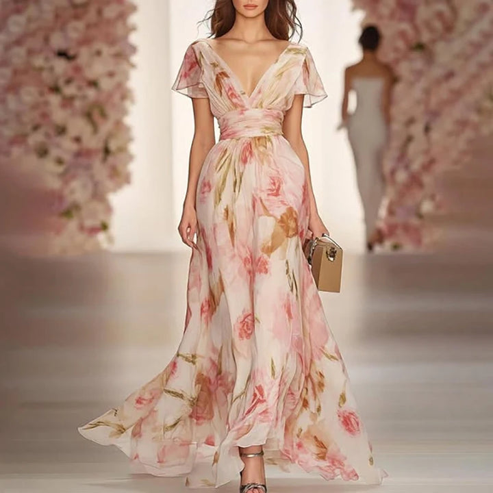 Boho Style Elegant Floral Print Long Dress V Neck High Waist  Short Sleeve Zip Maxi Dress