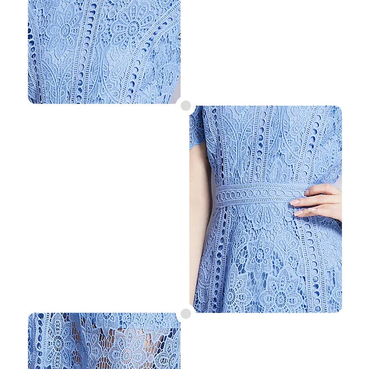 JAMERARY Vintage Holiday Lace Hollow Out Prom Dress For Women's Slim Elegant Short Sleeve Long Dress Female Clothing
