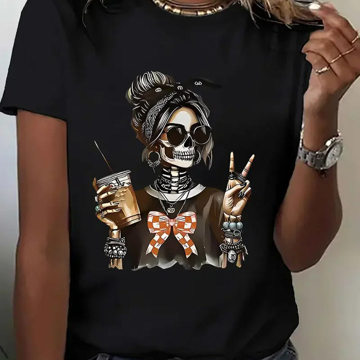 Women's Halloween Skeleton Graphic Print T-Shirt Skull Printed Short Sleeve T Shirt Clothing Top Tee Summer Ladies Girls Shirt