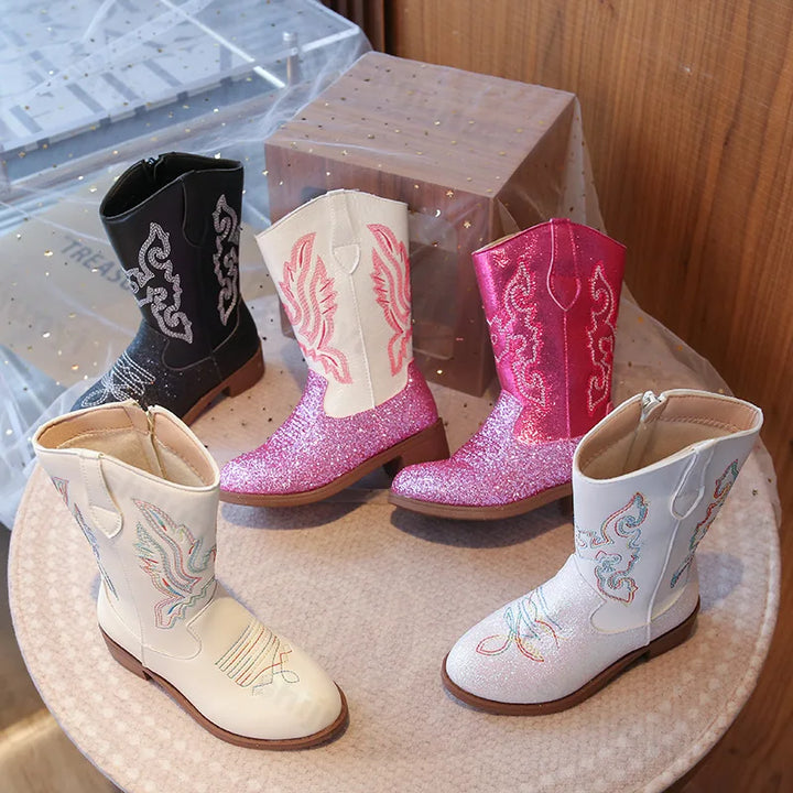 Girls Boots Toddler Snow Gear Mid Calf Glitter Western Cowboy Boot 2025 Autumn Big Kid Riding Girls Botas Size 27-36 Kids Shoes