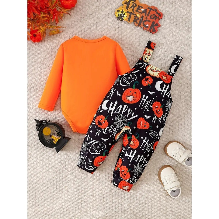 Baby Boy&Girl Halloween Costume Sets Long Sleeve Pumpkin Pattern Romper+Graffiti Strappy Pants 2PCS Holiday Clothes for 0-2Years