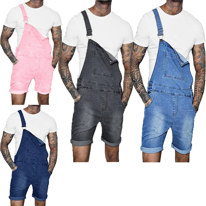 Fashion Streetwear Mens Suspenders Denim Jumpsuits Cargo Pants Men Shorts Masculino Jeans Pink Overalls