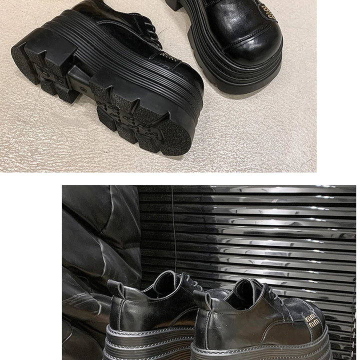 Women's Leather Sneakers New High Platform Lace-up Casual Shoes Thick Sole 10CM Heels Walking Shoes Zapatos Mujer