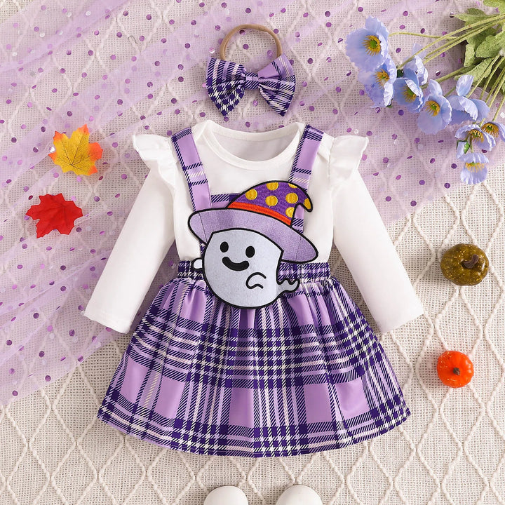 Baby Girls Halloween Clothing Set Cute Ghost Pumpkin Face Applique Suspender Dress with Rompers Carnival Party Cosplay Costume