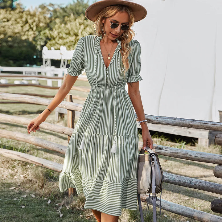 Women Elegant Striped Lantern Sleeve  Causal V-neck Button Ruffles Midi Dress.