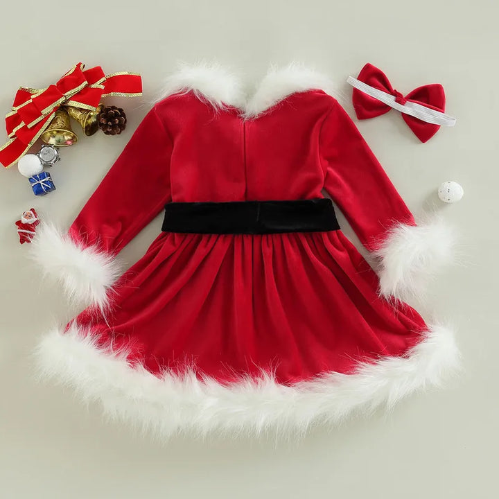 Christmas Baby Girl Clothes Party Dresses Long Sleeve O Neck Plush Patchwork A-line Dress with Belt and Headband Baby Clothing