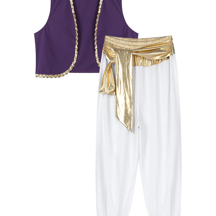 Mens Halloween Costume Mythical Arabian Prince Carnival Cosplay Party Outfit Sequin Trim Waistcoat with Belted Pants