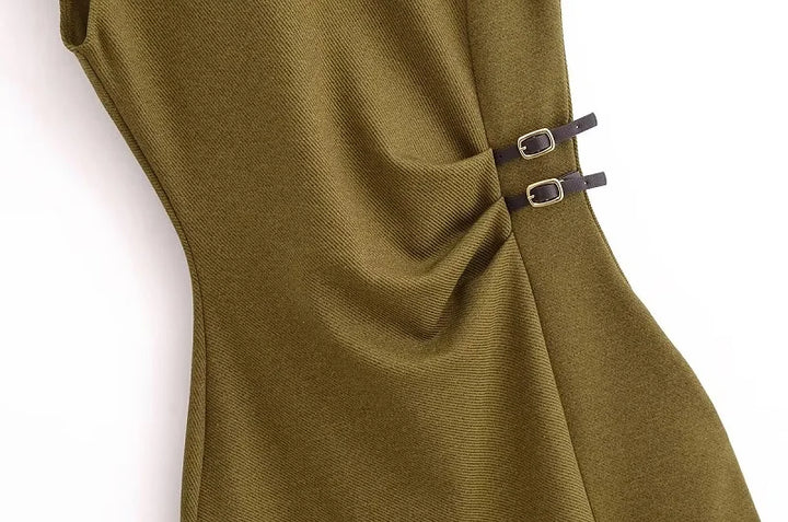 MUJER Pleated Midi Dress for Women Sleeveless Long Dress Vintage Party Buckle Office