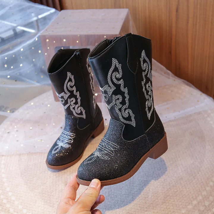 Girls Boots Toddler Snow Gear Mid Calf Glitter Western Cowboy Boot 2025 Autumn Big Kid Riding Girls Botas Size 27-36 Kids Shoes