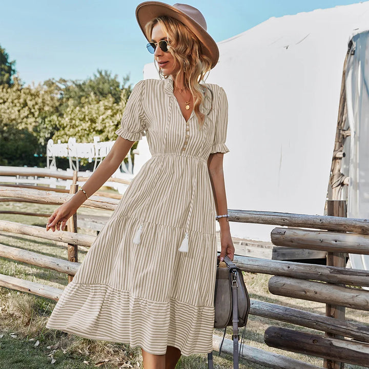 Women Elegant Striped Lantern Sleeve  Causal V-neck Button Ruffles Midi Dress.