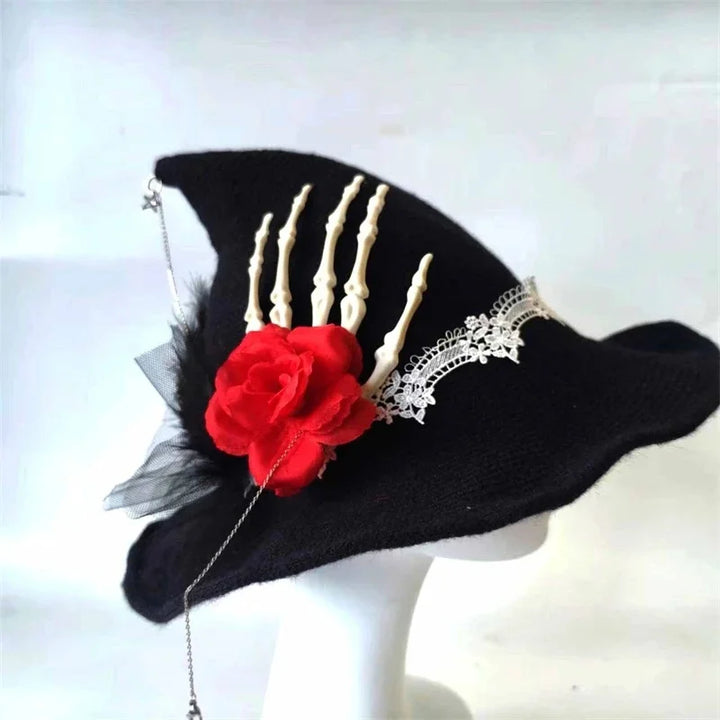 Halloween Cosplay Witch Hat with Skeleton Hand Red Rose Lace Design Gothic Lolita Costume Accessory for Girls Women