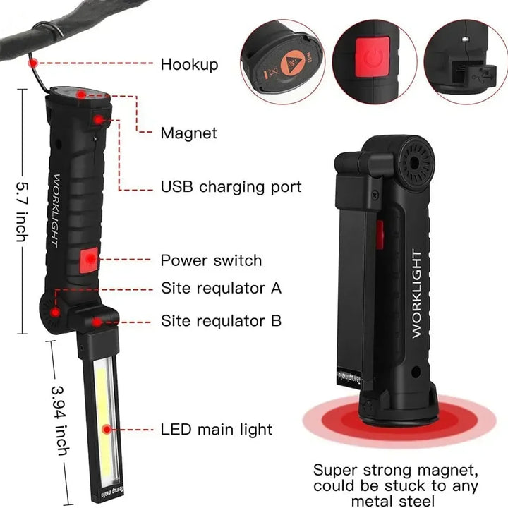 COB LED Work Light Dimmable USB Rechargeable LED Flashlight Inspection Lamp With Magnetic Hook Power Bank 18650 Battery Torch